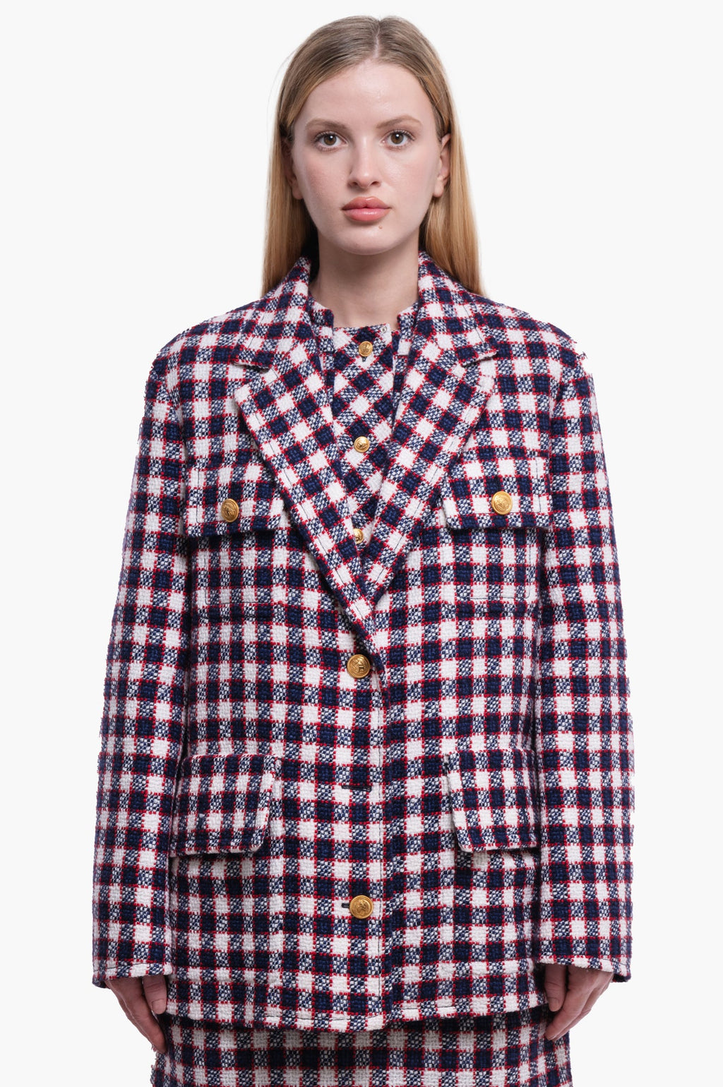 Gucci Tweed Blue/White/Red Plaid Jacket Size 40