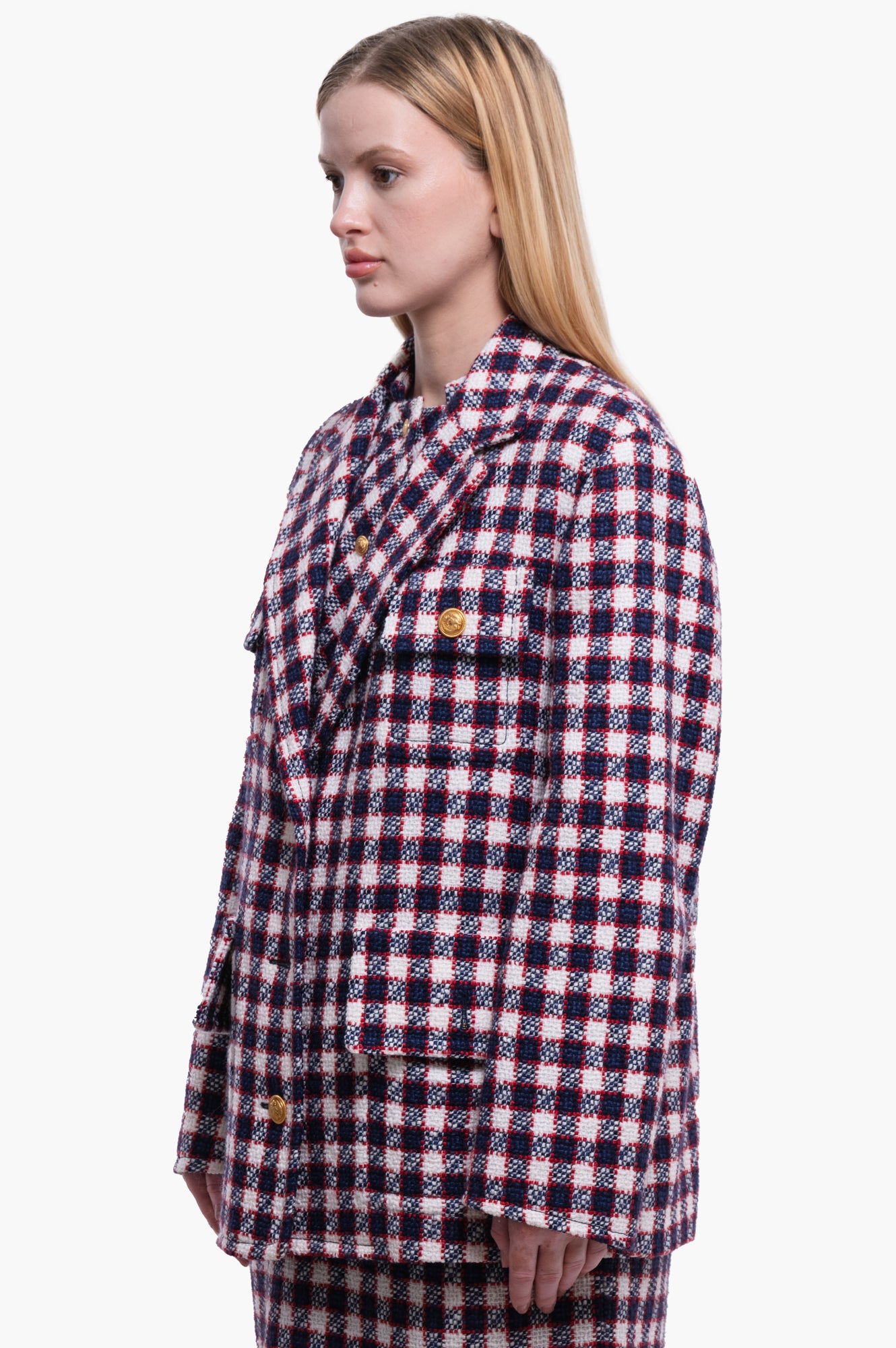 Gucci Tweed Blue/White/Red Plaid Jacket Size 40